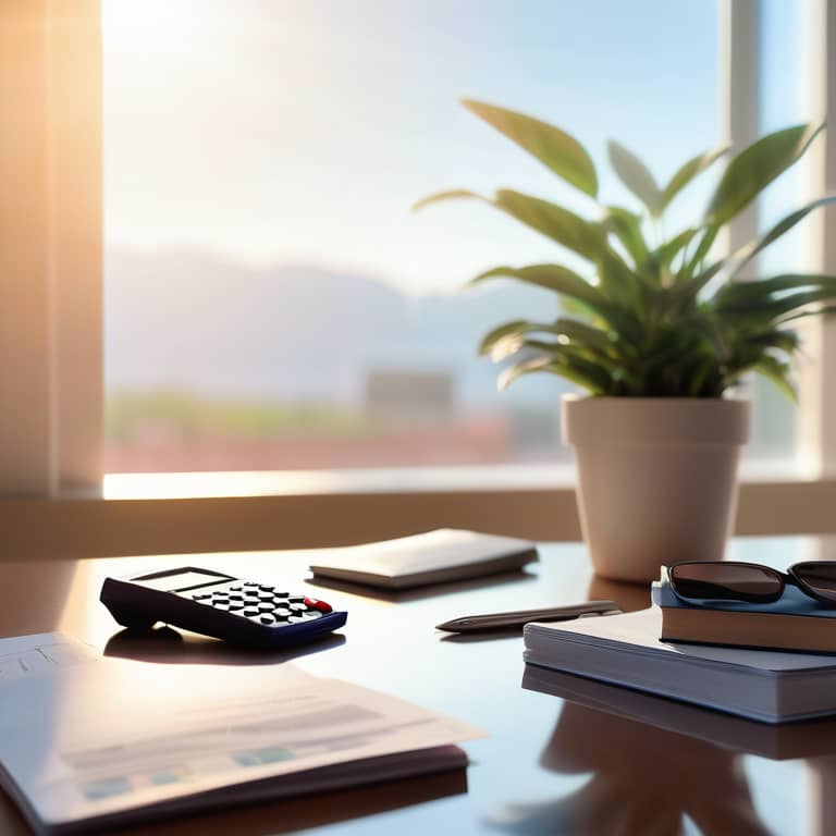 A secured credit card on a tidy desk with financial books and a plant, conveying a sense of financial stability and growth.
